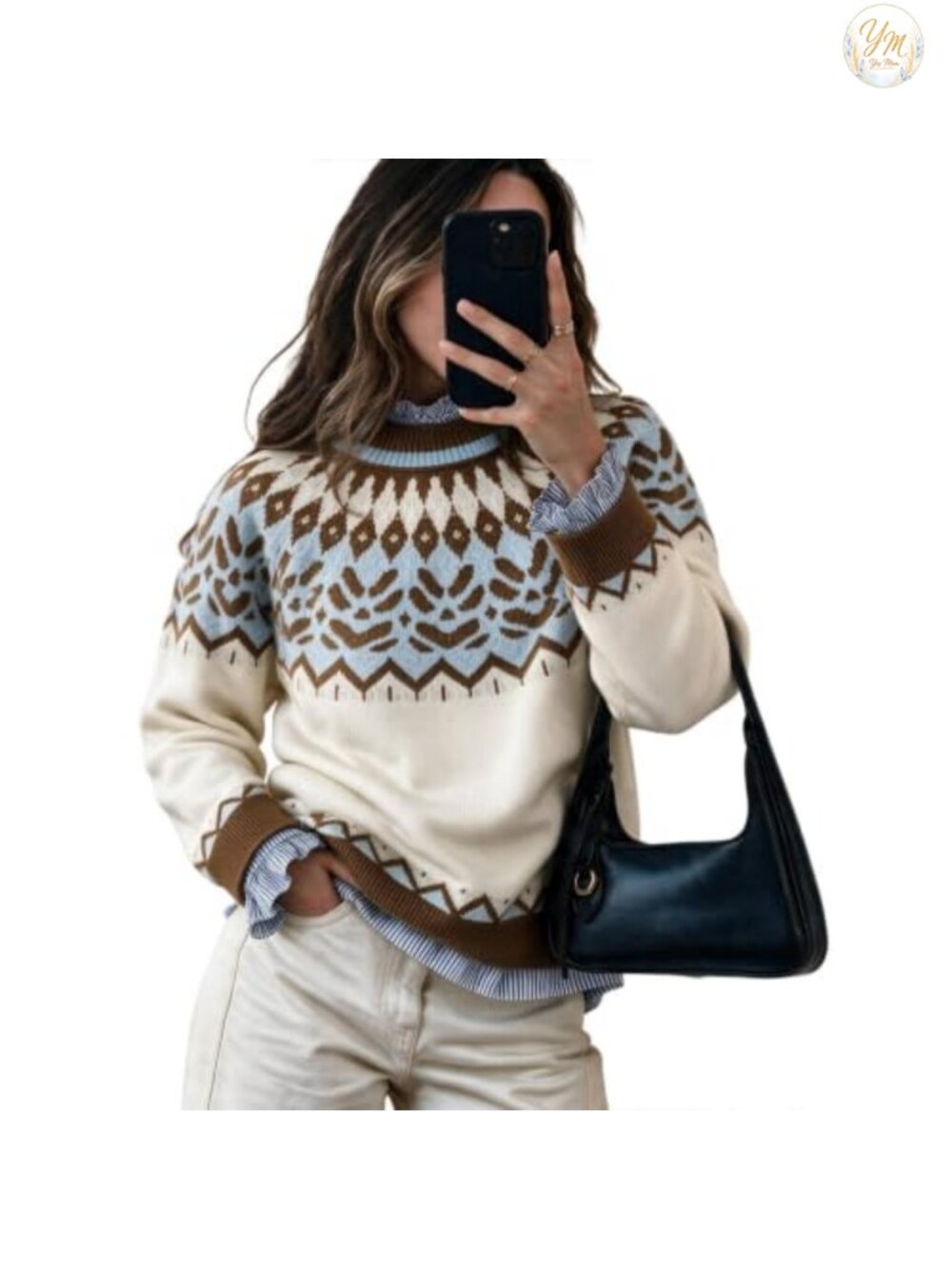 Fair Isle Print Sweater Crew Neck Long Sleeve Pullover Women's Work Top